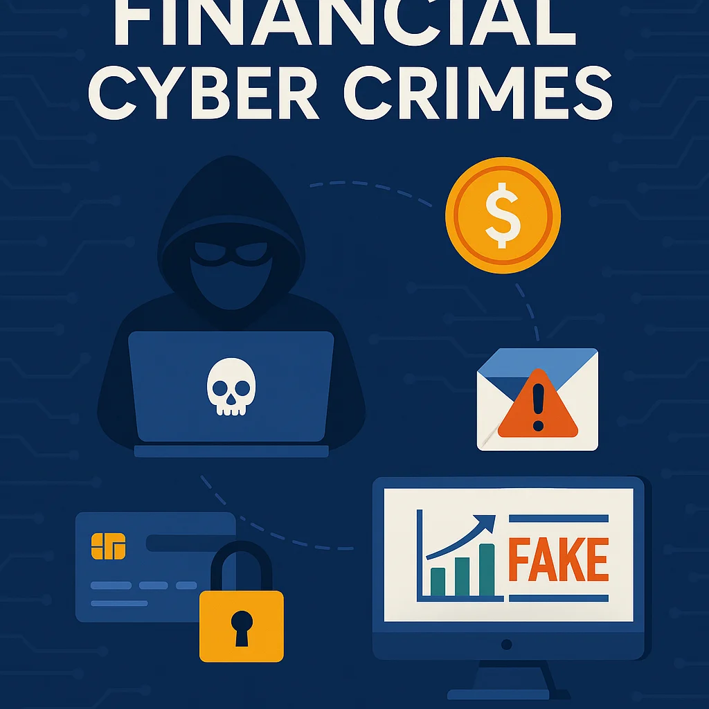Illustration depicting financial cyber crimes, featuring a hooded hacker with a laptop, a locked credit card, a warning email icon, a coin symbol, and a fake investment chart on a computer screen, set against a digital-themed blue background.