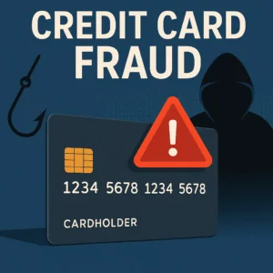 A digital graphic illustrating credit card fraud. The image features a dark gray credit card with embossed numbers and a “CARDHOLDER” label. A red warning triangle with an exclamation mark is overlaid on the card. To the right, a shadowy hacker figure in a hooded sweatshirt is visible. The background includes green binary code and a phishing hook on the left side, all set against a dark blue backdrop. The title “CREDIT CARD FRAUD” appears at the top in bold white letters.