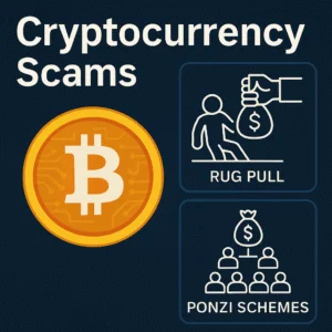 Digital graphic titled "Cryptocurrency Scams" featuring a large Bitcoin symbol on the left. On the right, there are two outlined icons: one depicting a person falling as a large hand pulls away a money bag labeled "Rug Pull," and another showing a pyramid of people beneath a money bag labeled "Ponzi Schemes." The background is a dark blue gradient with a tech-inspired design.