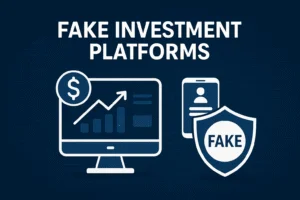 A digital graphic illustration features the title "Fake Investment Platforms" in bold white text on a dark blue background. The image shows a computer monitor with a deceptive financial graph, a smartphone with a login form, and a shield icon labeled "FAKE," representing fraudulent online investment schemes. Circuit-like patterns subtly decorate the background, symbolizing technology and the internet.