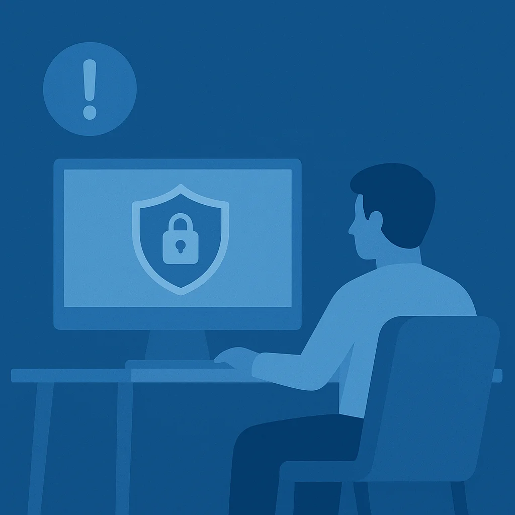 A flat-style digital illustration showing a person sitting at a desk and using a computer with a shield and padlock icon on the screen, symbolizing cybersecurity and Safety from Cyber crime. A light blue exclamation mark is displayed in the background, emphasizing alertness and caution.