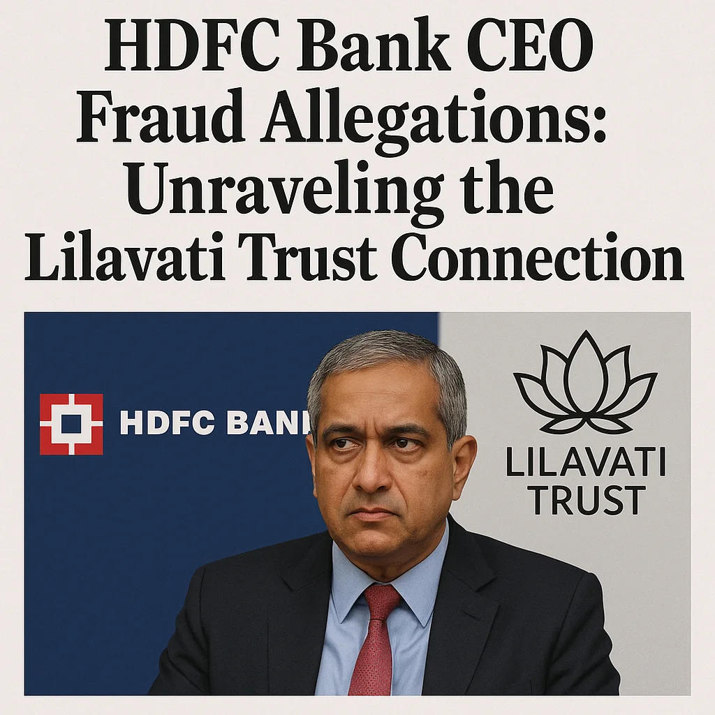A serious news-style digital graphic featuring the headline "HDFC Bank CEO Fraud Allegations: Unraveling the Lilavati Trust Connection" with a portrait of a stern-looking executive in business attire, flanked by the HDFC Bank logo on the left and the Lilavati Trust logo on the right.