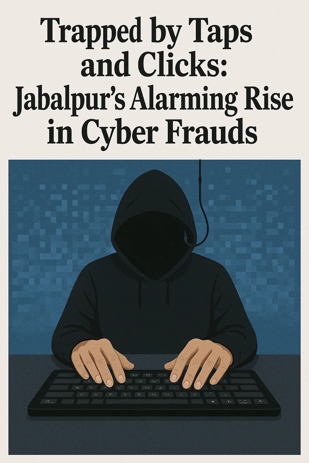 A digital news graphic with the headline "Trapped by Taps and Clicks: Jabalpur’s Alarming Rise in Cyber Frauds," featuring a hooded cybercriminal in a dark hoodie typing on a keyboard, with a phishing hook hanging ominously above, set against a pixelated blue background to represent digital threats.